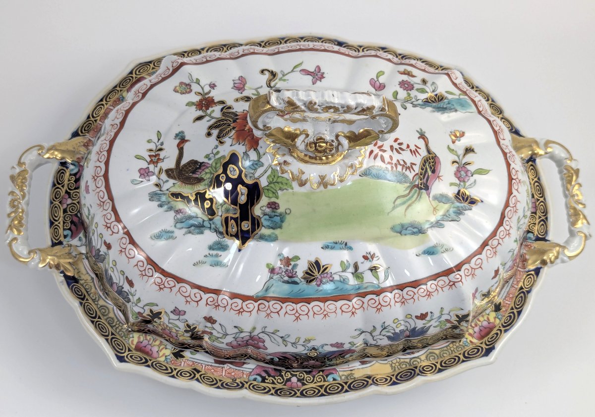 Soupière Ancienne Mason’s En Grès Ferreux, XIXe Siècle, Chinoiserie, Paons, Doré, Rare-photo-4