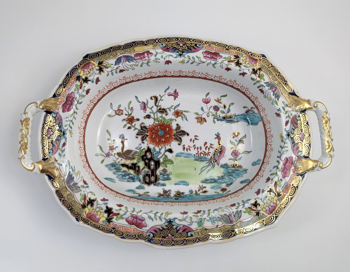 Soupière Ancienne Mason’s En Grès Ferreux, XIXe Siècle, Chinoiserie, Paons, Doré, Rare-photo-5