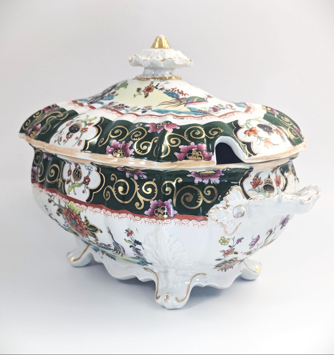 Soupière ancienne Mason avec couvercle, grand format, Chinoiserie Famille Verte, paons, 1830-photo-2