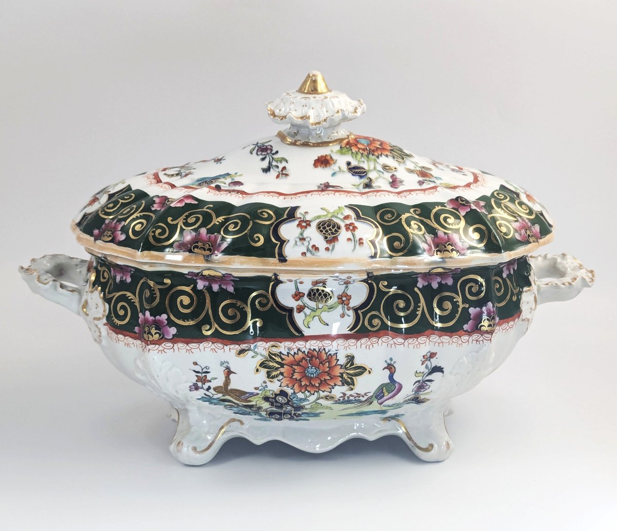 Soupière ancienne Mason avec couvercle, grand format, Chinoiserie Famille Verte, paons, 1830-photo-4