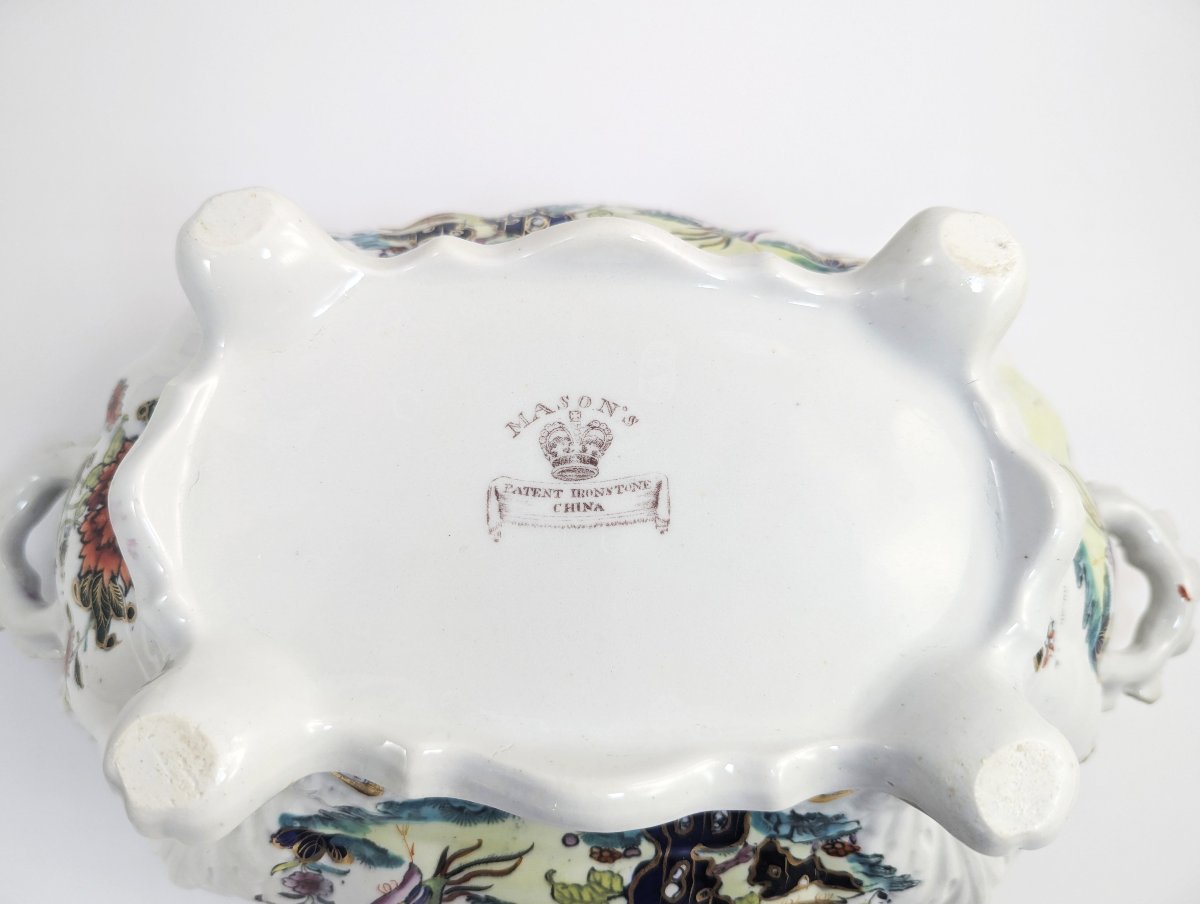 Soupière ancienne Mason avec couvercle, grand format, Chinoiserie Famille Verte, paons, 1830-photo-4