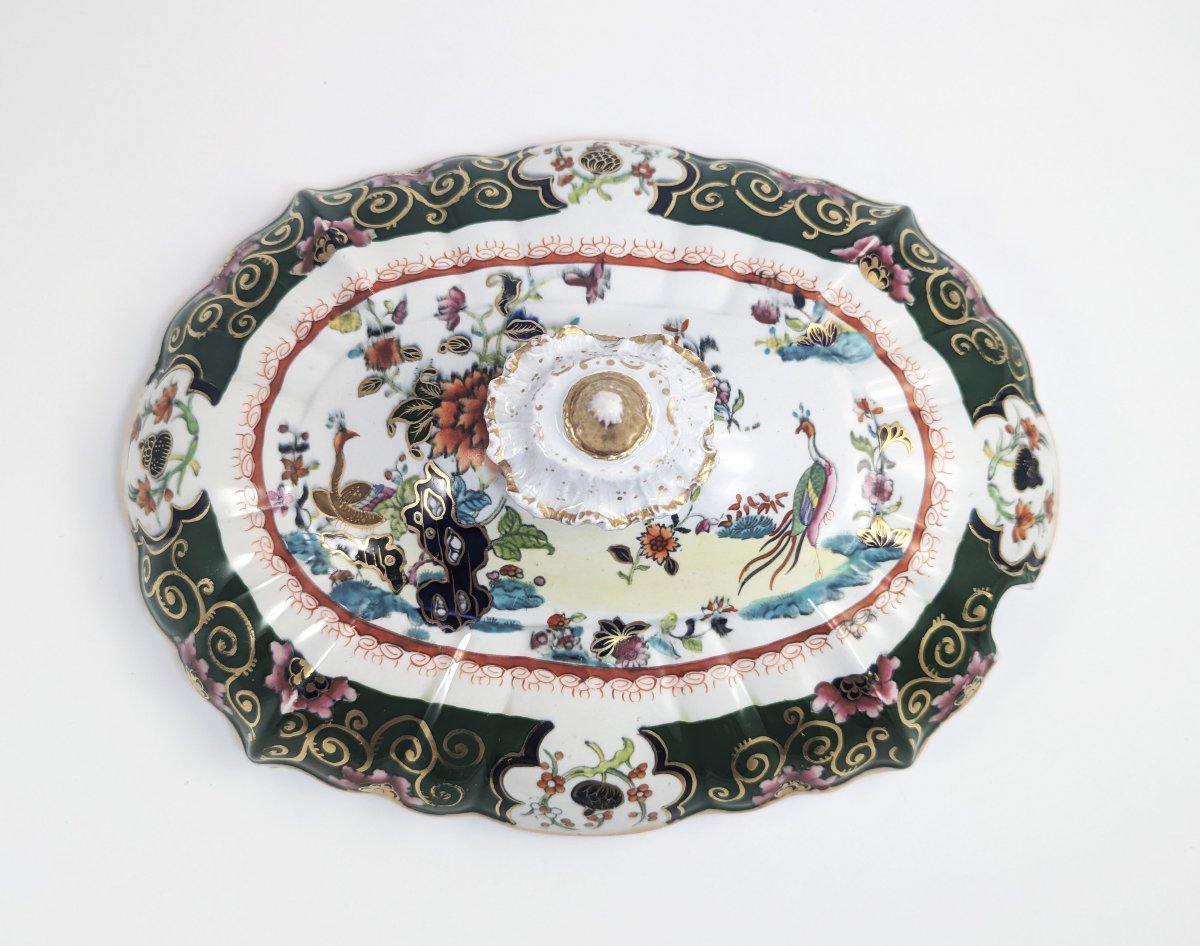 Soupière ancienne Mason avec couvercle, grand format, Chinoiserie Famille Verte, paons, 1830-photo-5