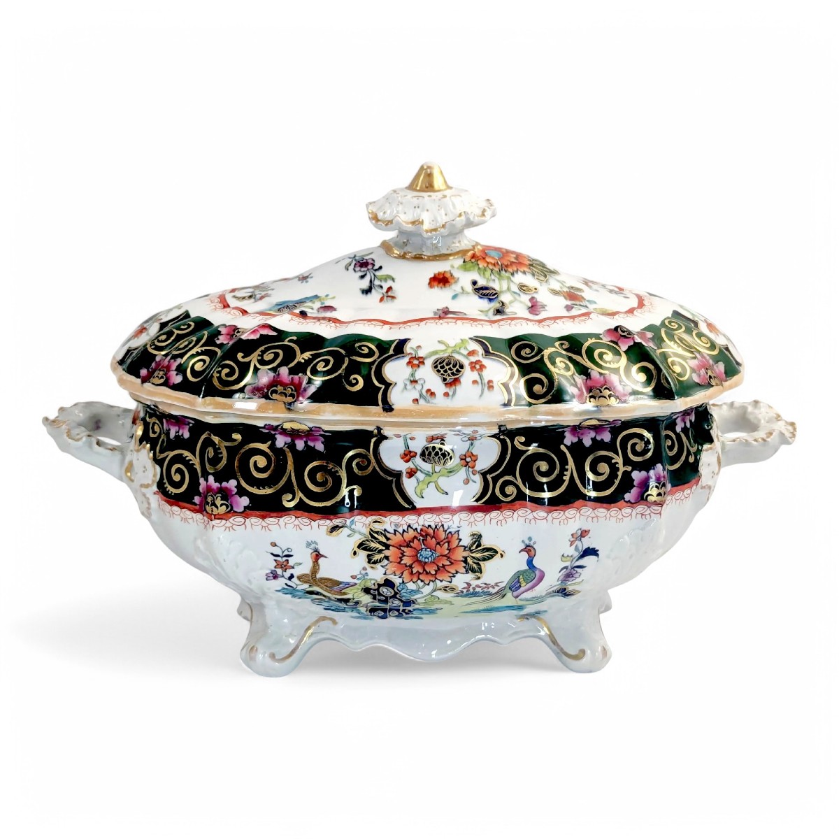 Soupière ancienne Mason avec couvercle, grand format, Chinoiserie Famille Verte, paons, 1830