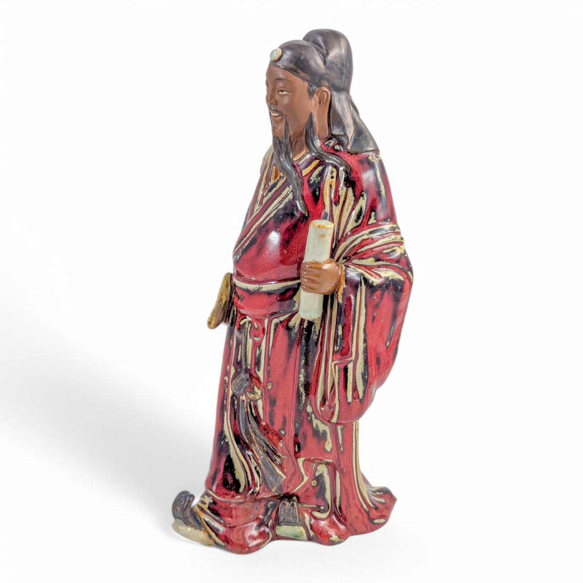 Large Shiwan Figure Of A Court Official With Zheshan Fan And Scroll, Oxblood Glaze, C. 1950s