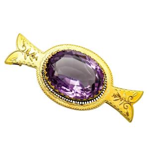 Exquisite Victorian 18ct Yellow Gold Etruscan Revival Brooch With Amethyst