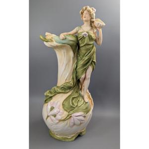 Large Royal Dux Figure: Water Nymph With Shell, C.1912