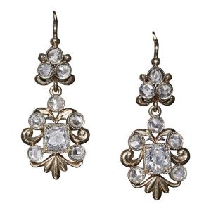 Edwardian 2.10 Ct Rose & Old-cut Diamond Drop Trefoil Cluster Earrings, Boxed