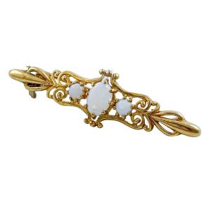 Art Nouveau Style 9 Kt Yellow Gold Brooch Set Cabochon Opals, Scrolling Design