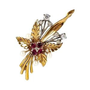 Broche Vintage En Or Jaune 9ct Rubis, Diamant, Perle, Feuille Florale En Spray