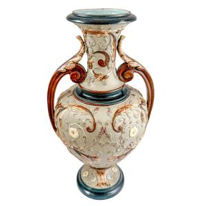 Art Nouveau Wilhelm Schiller And Sons Majolica Pottery Double Handed Vase, Demon Faces