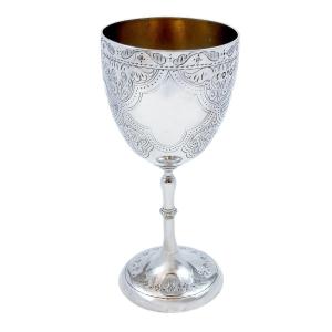 Antique Mid-victorian Sterling Silver Chalice Goblet With Arabesque Motif, Inscribed "suzanne"