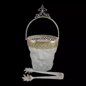 Victorian Wmf Swing Handle Ice Bucket, Frosted Crackled Glass, Ice-cube Shape, Bird Claw Tongs