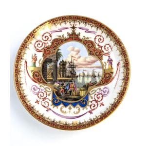 Helena Wolfsohn Dresden Porcelain Saucer With Harbour Scenes, 1860 - 1880