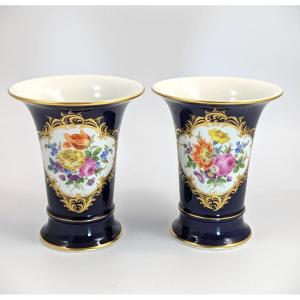 Meissen Hand-painted Floral Cobalt Trumpet Vases