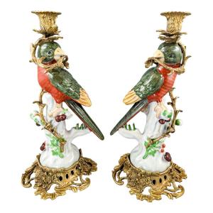 Louis XV Style Pair Of Ormolu Porcelain Figural Parrot Candlesticks 