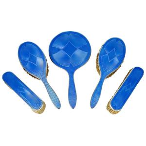 Set De Coiffeuse Art Déco Asprey En Argent Et émail Guilloché Bleu (4 Brosses Et Miroir)