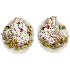 Pair Of 19th Century Meissen Style Porcelain Wall Plaques, Romantic Scenes With Lovers