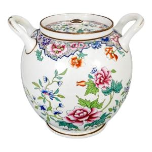 1820s Regency Spode Porcelain Chinoiserie Famille Rose Creamware Barrel Scent Jar, Pattern 3184