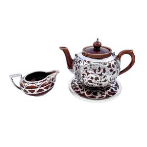 Antique Art Nouveau Lenox Brown Teapot, Stand And Creamer With Sterling Silver Overlay