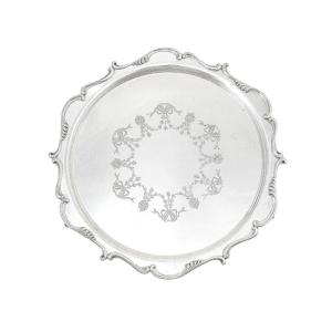 Silver Plated Victorian Salver In Neoclassical Style With Chippendale Border And Garlands