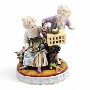 Antique Porcelain Group Figurine Of Children In Garden, Meissen Style, C. 19th Century