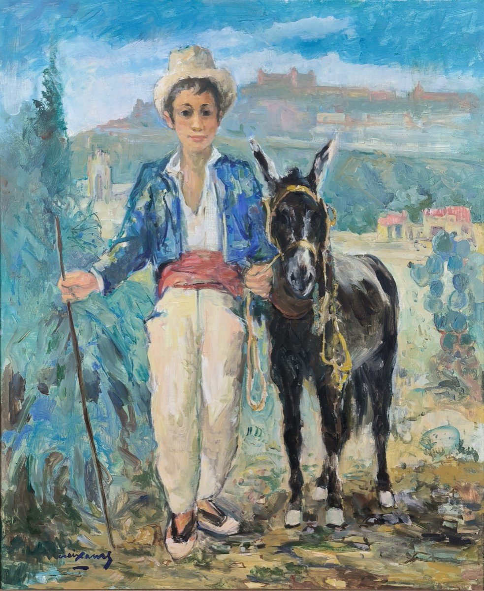 Oil On Canvas "young Farmer And His Donkey" 65 X 54 Cm-photo-3