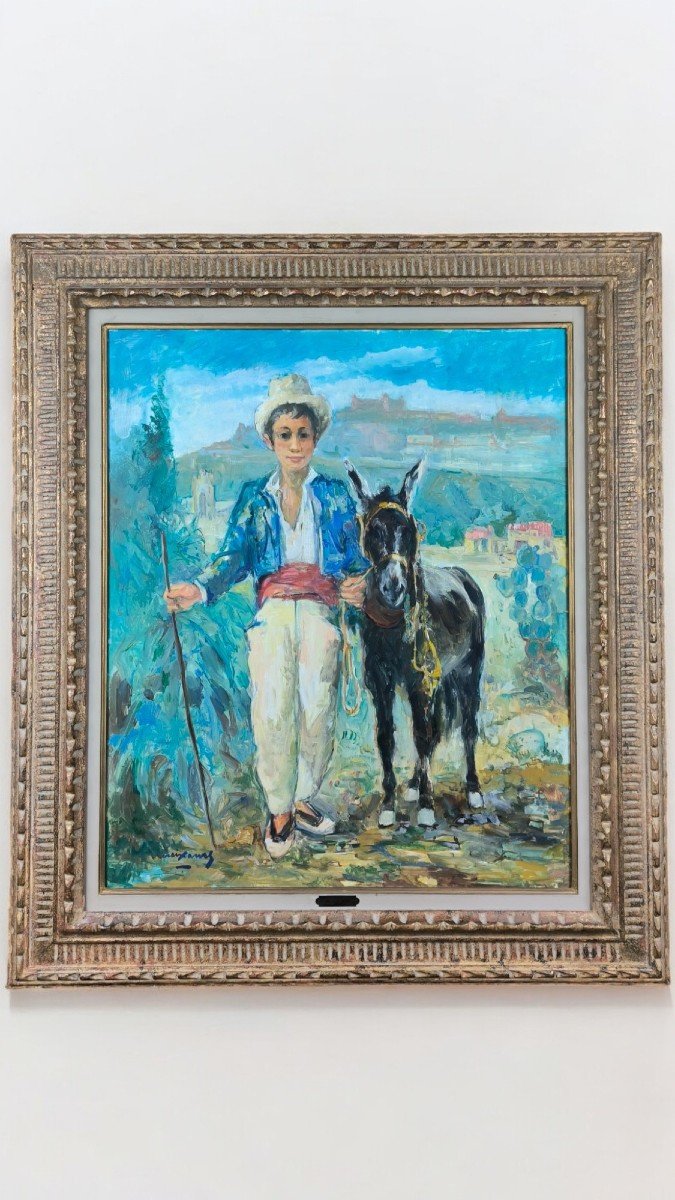 Oil On Canvas "young Farmer And His Donkey" 65 X 54 Cm