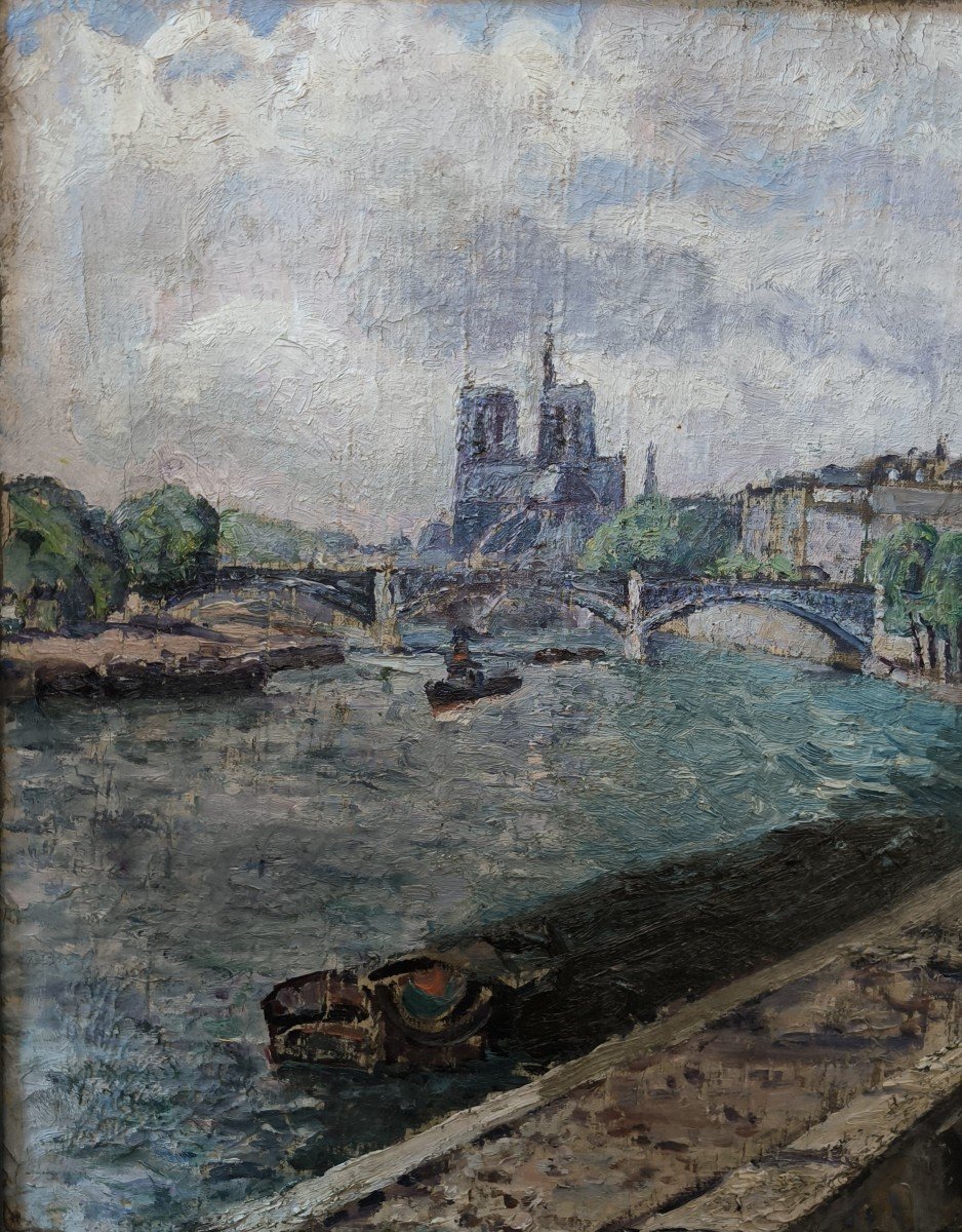 Huile Sur Toile  "la Seine, Quai De La Rapée”  53,4 X 73,5 Cm-photo-2