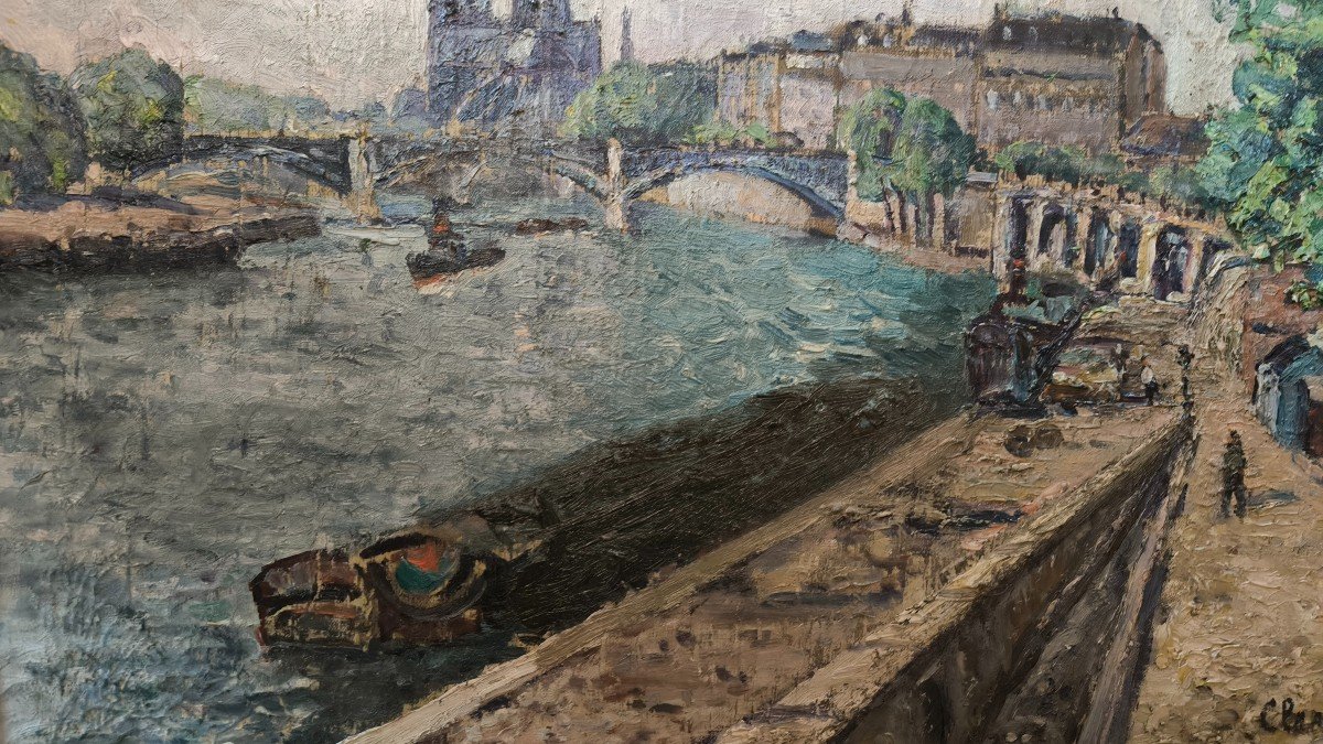 Huile Sur Toile  "la Seine, Quai De La Rapée”  53,4 X 73,5 Cm-photo-3