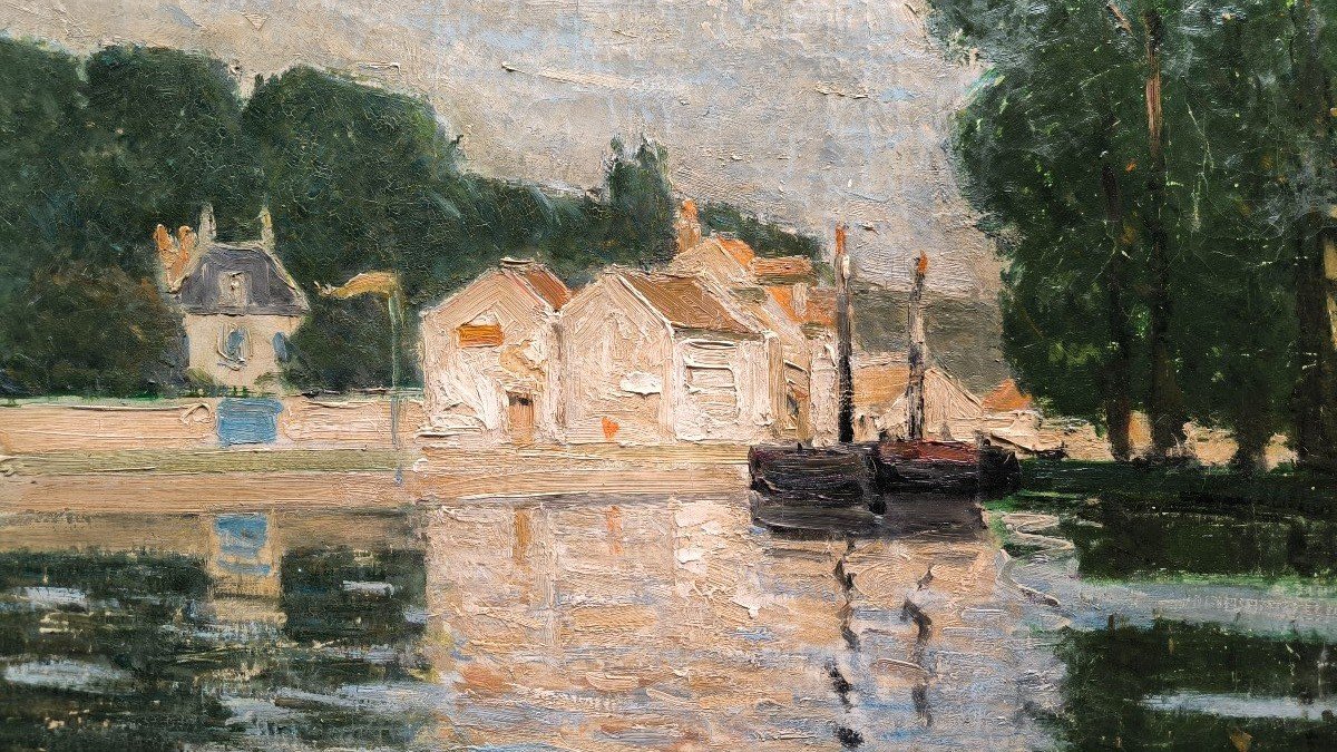 Oil On Canvas "boats Moored At The Gates Of The Village" 60 X 92 Cm-photo-2