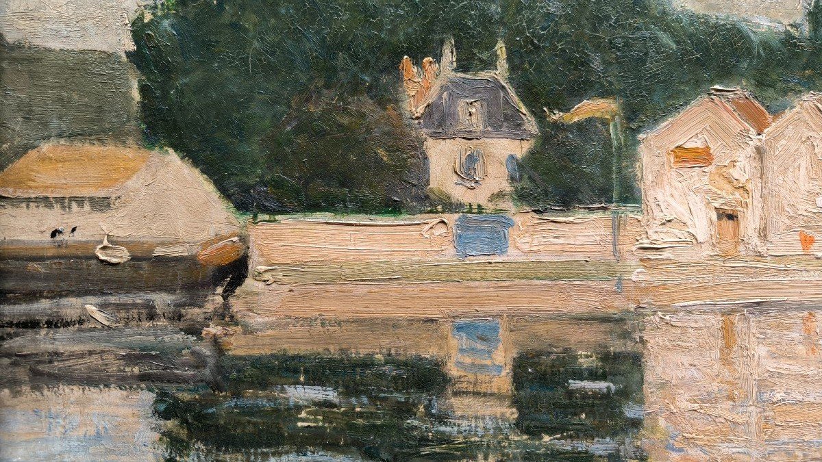 Oil On Canvas "boats Moored At The Gates Of The Village" 60 X 92 Cm-photo-3