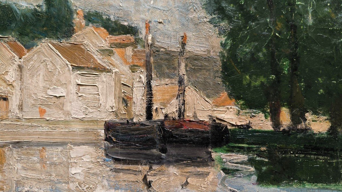 Oil On Canvas "boats Moored At The Gates Of The Village" 60 X 92 Cm-photo-5