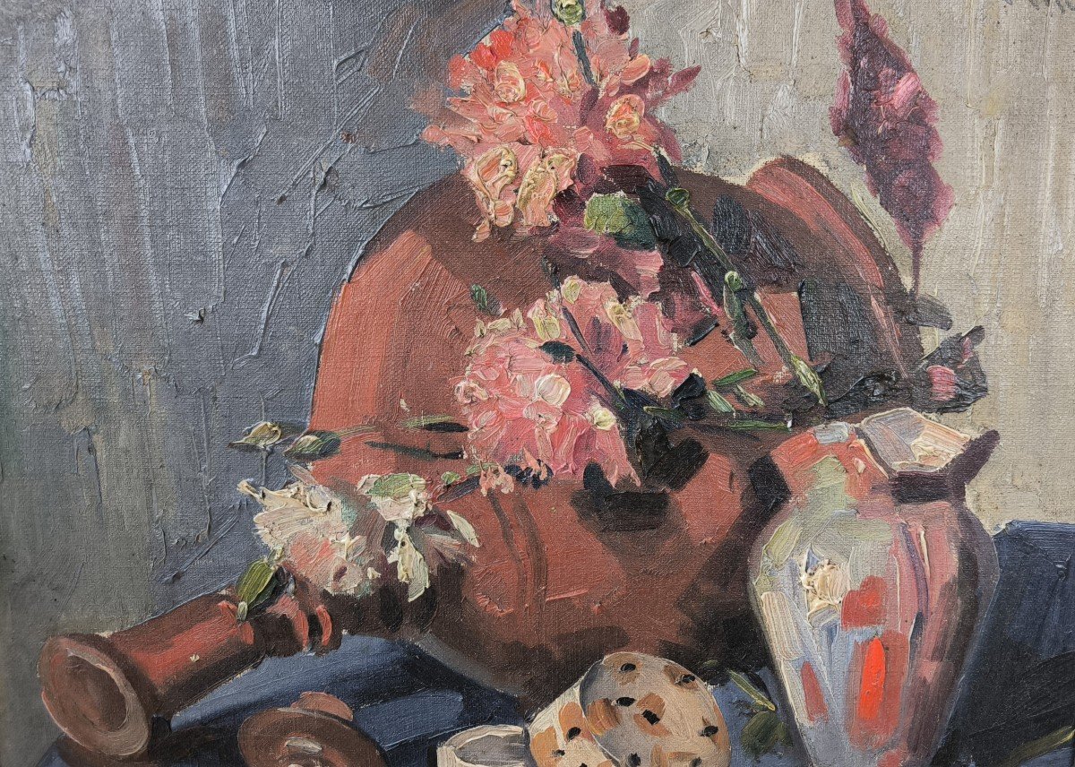 Oil On Canvas "still Life With An Overturned Jug" 46 X 38 Cm-photo-1