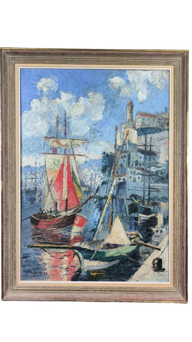 Oil On Canvas "boats At The Quayside In A Mediterranean Port" 92 X 65.5 Cm