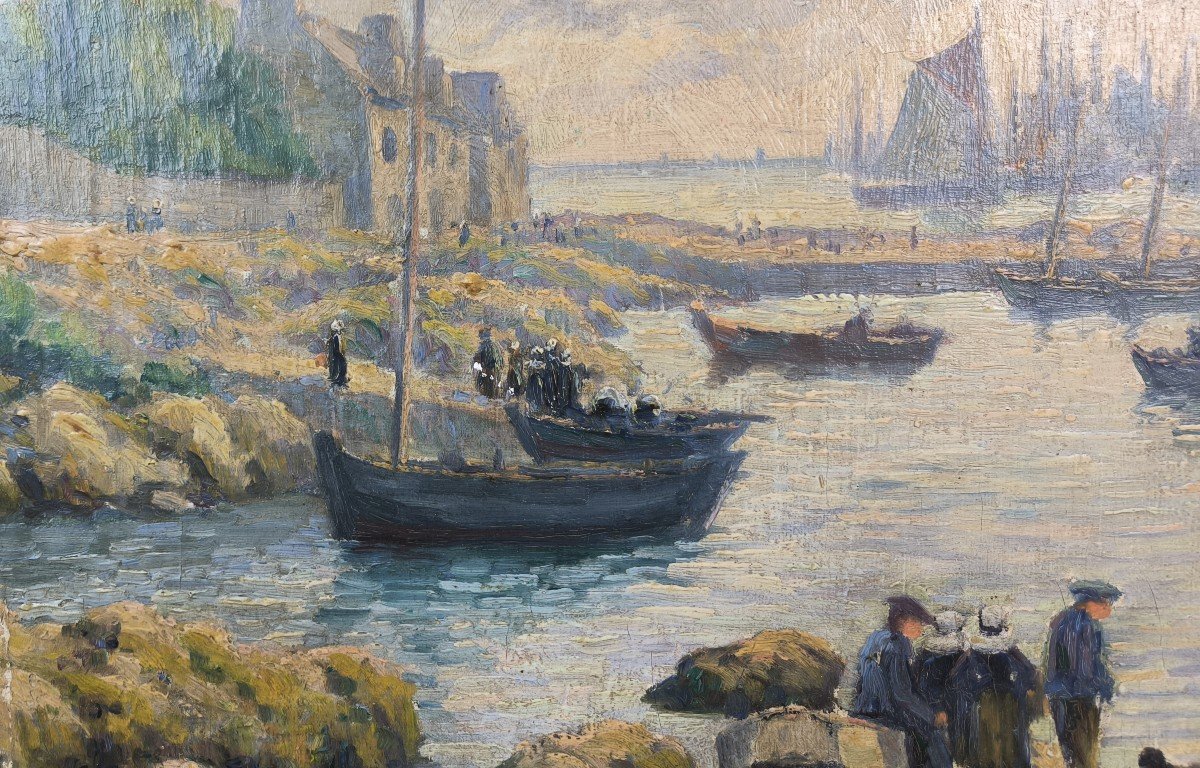 Huile Sur Toile  "les Pêcheurs Au Port" 60,5 X 40,5 Cm-photo-2