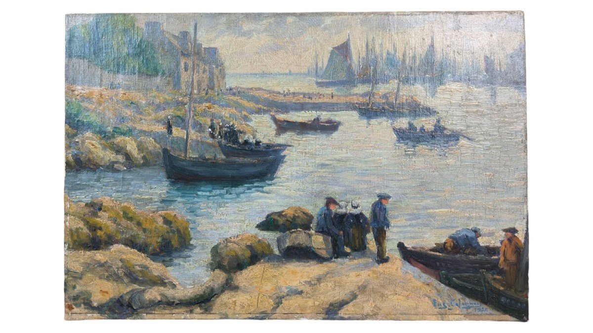 Huile Sur Toile  "les Pêcheurs Au Port" 60,5 X 40,5 Cm