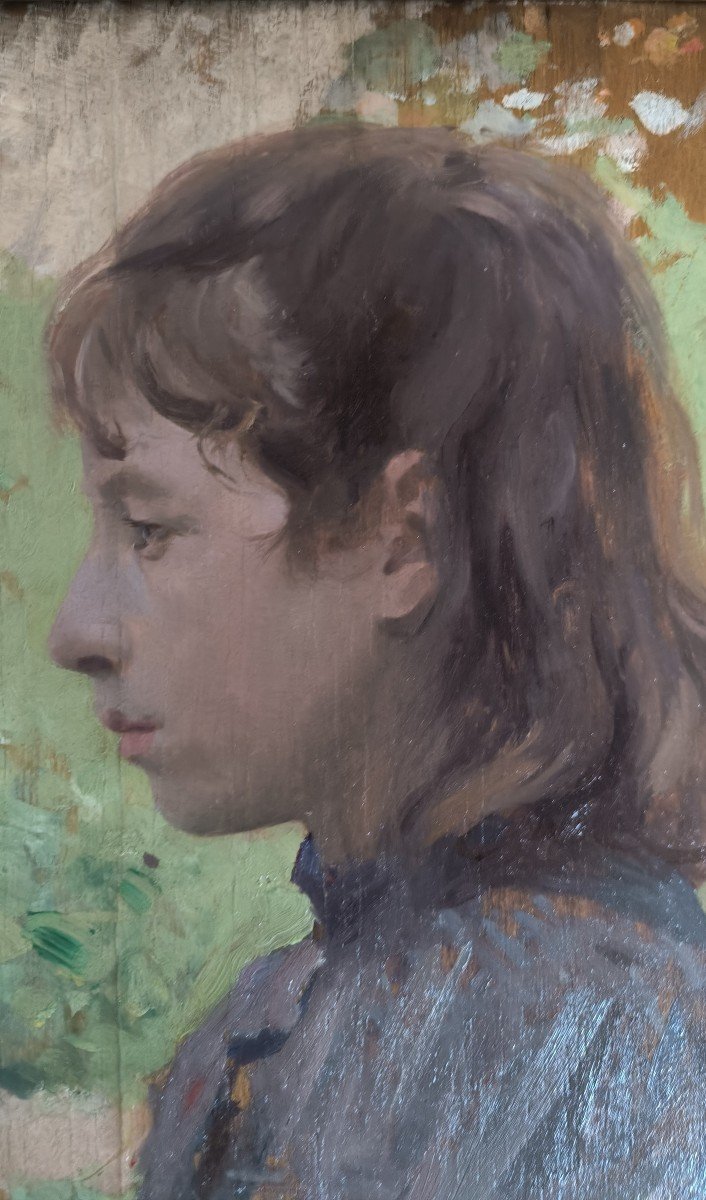 Oil On Panel "young Woman In Profile On A Green Background" 32.8 X 23.6 Cm-photo-3