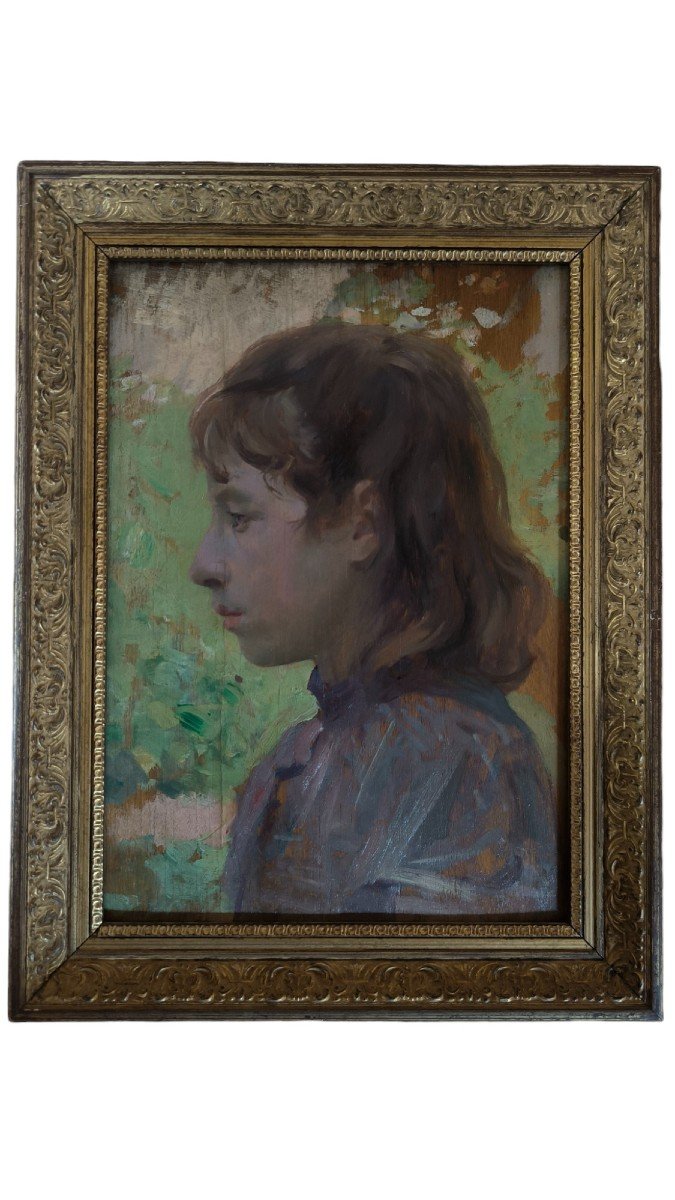 Huile Sur Panneau  "jeune Femme De Profil Sur Fond Vert" 32,8 X 23,6 Cm