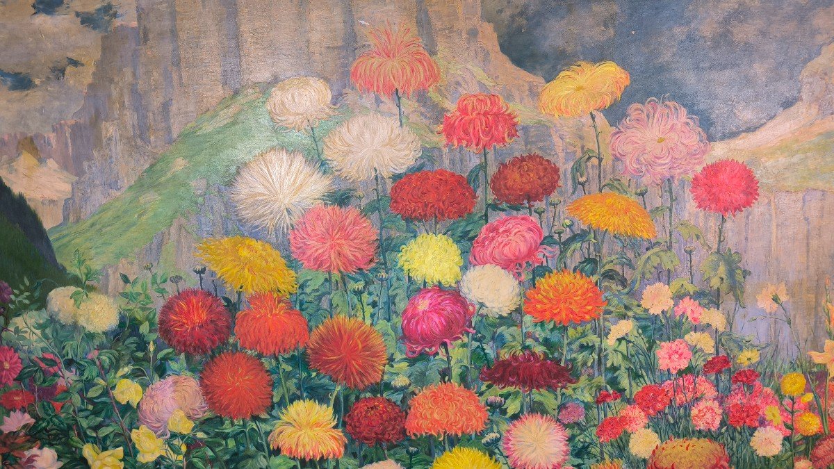 Oil On Canvas "flowerbed In The High Mountains" 231.5 X 141 Cm-photo-3