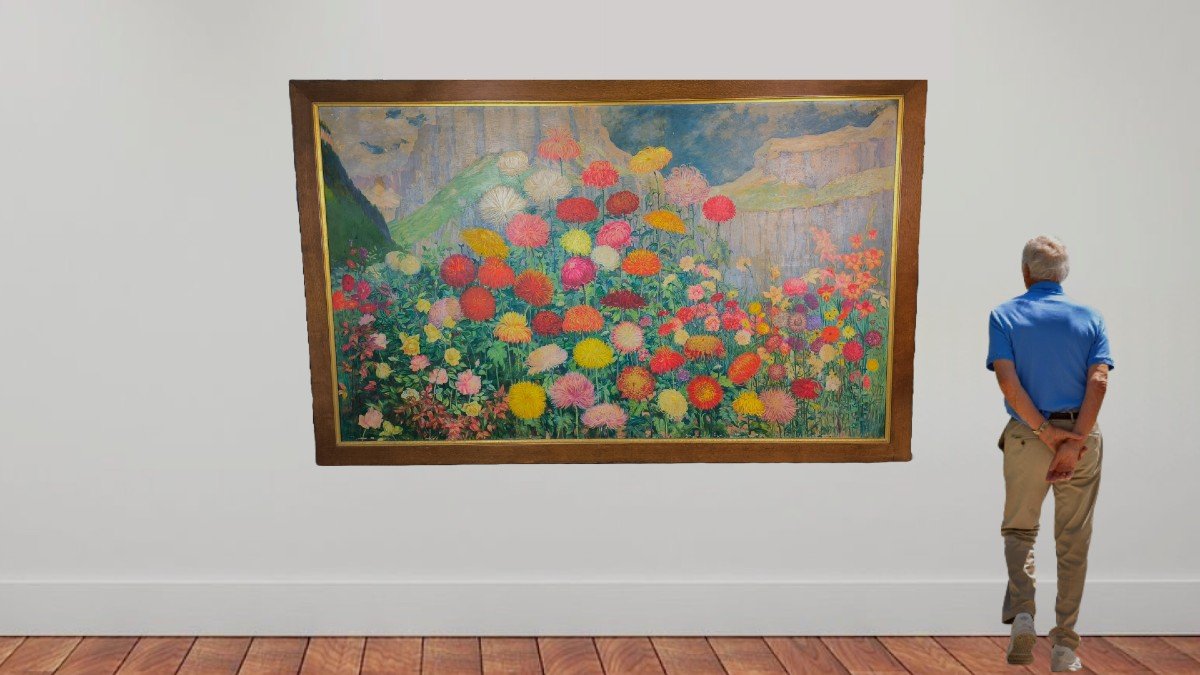 Oil On Canvas "flowerbed In The High Mountains" 231.5 X 141 Cm-photo-3