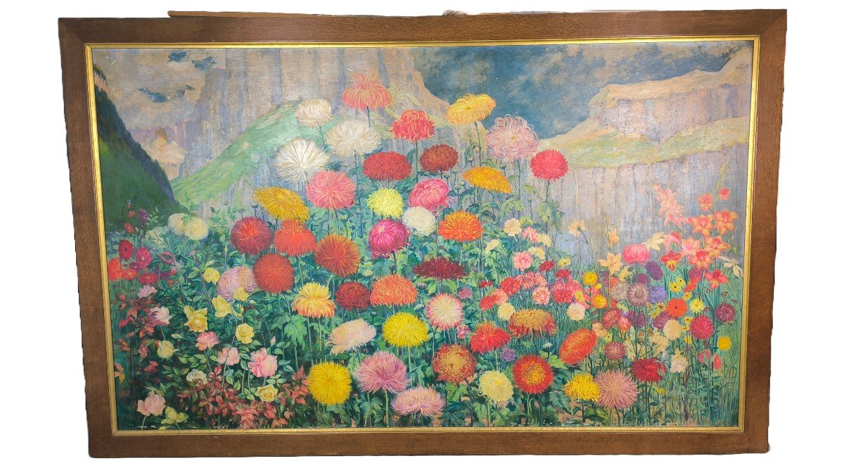 Oil On Canvas "flowerbed In The High Mountains" 231.5 X 141 Cm