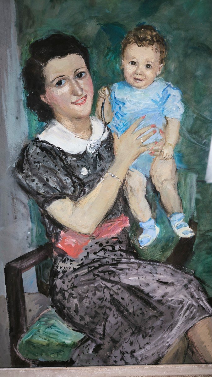 Watercolor And Gouache On Paper "young Mother Presenting Her Child" 63 X 48 Cm-photo-4