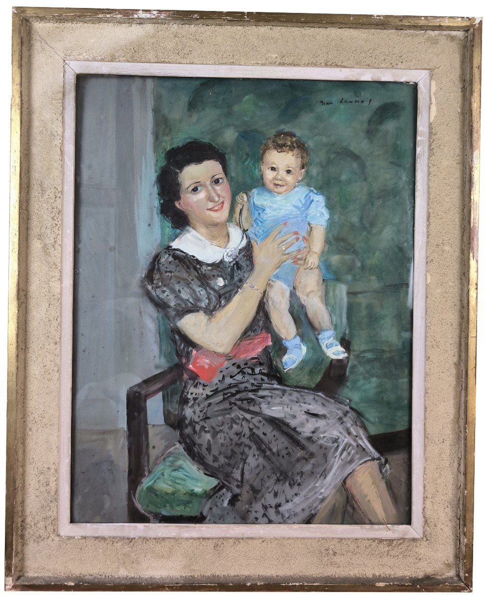 Watercolor And Gouache On Paper "young Mother Presenting Her Child" 63 X 48 Cm