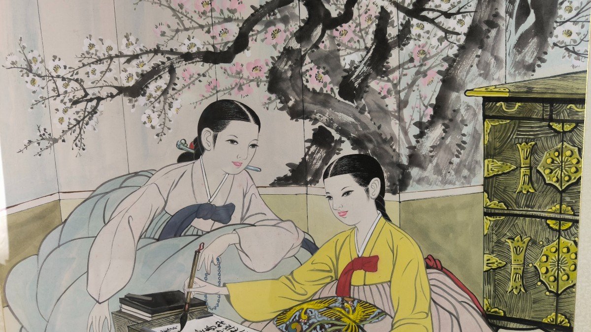 Watercolor On Silk "young Girls Writing Poems" 61 X 58 Cm-photo-2