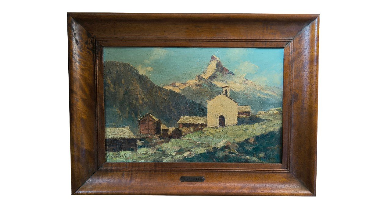 Huile Sur Toile "le Mont Cervin Vu Du Village" 39,5 X 26 Cm