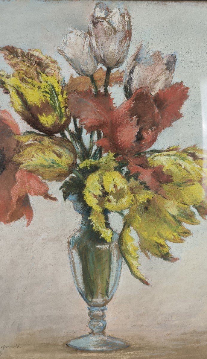 Pastel Sur Papier "bouquet De Fleurs" 60 X 49 Cm-photo-1