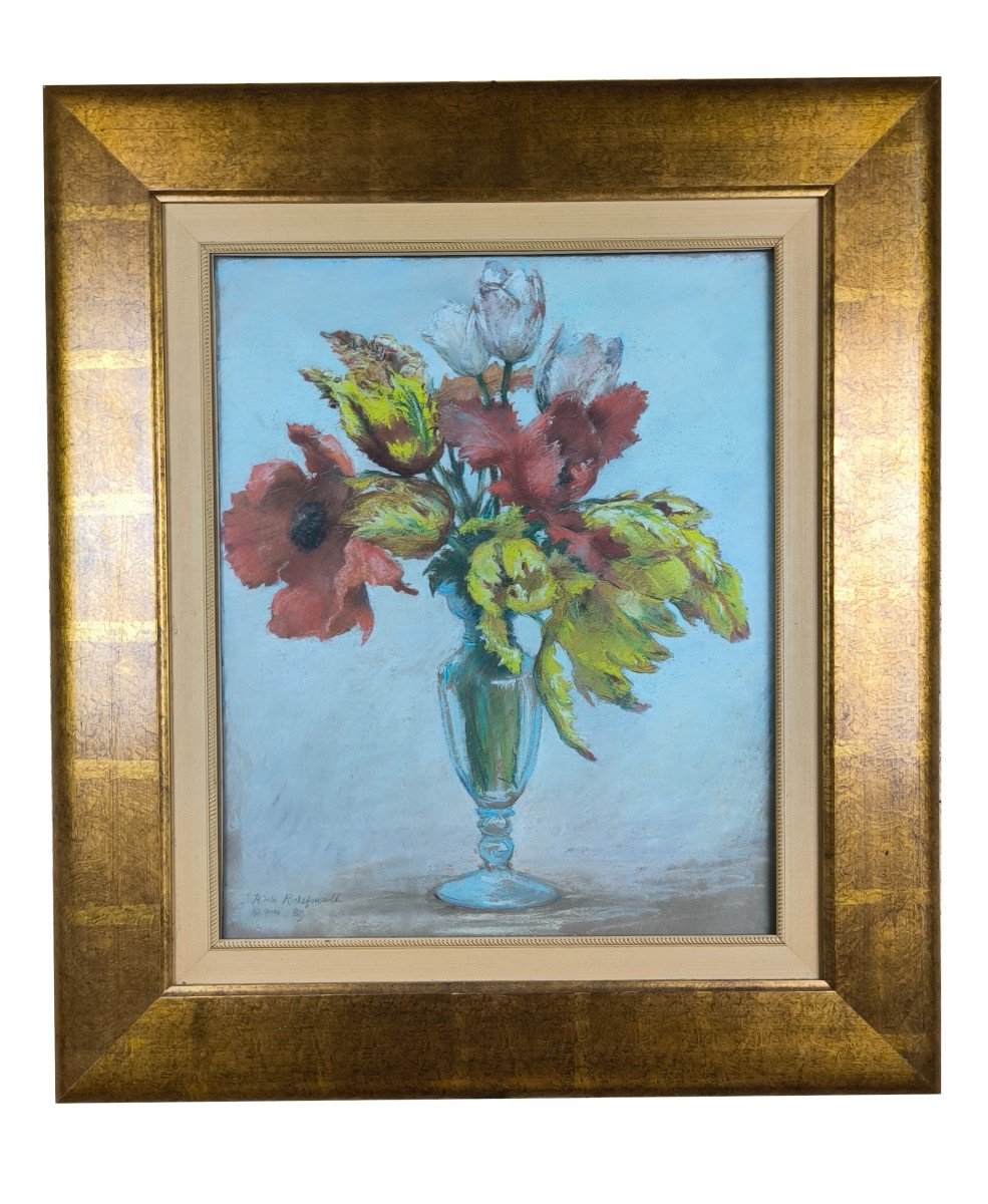 Pastel Sur Papier "bouquet De Fleurs" 60 X 49 Cm