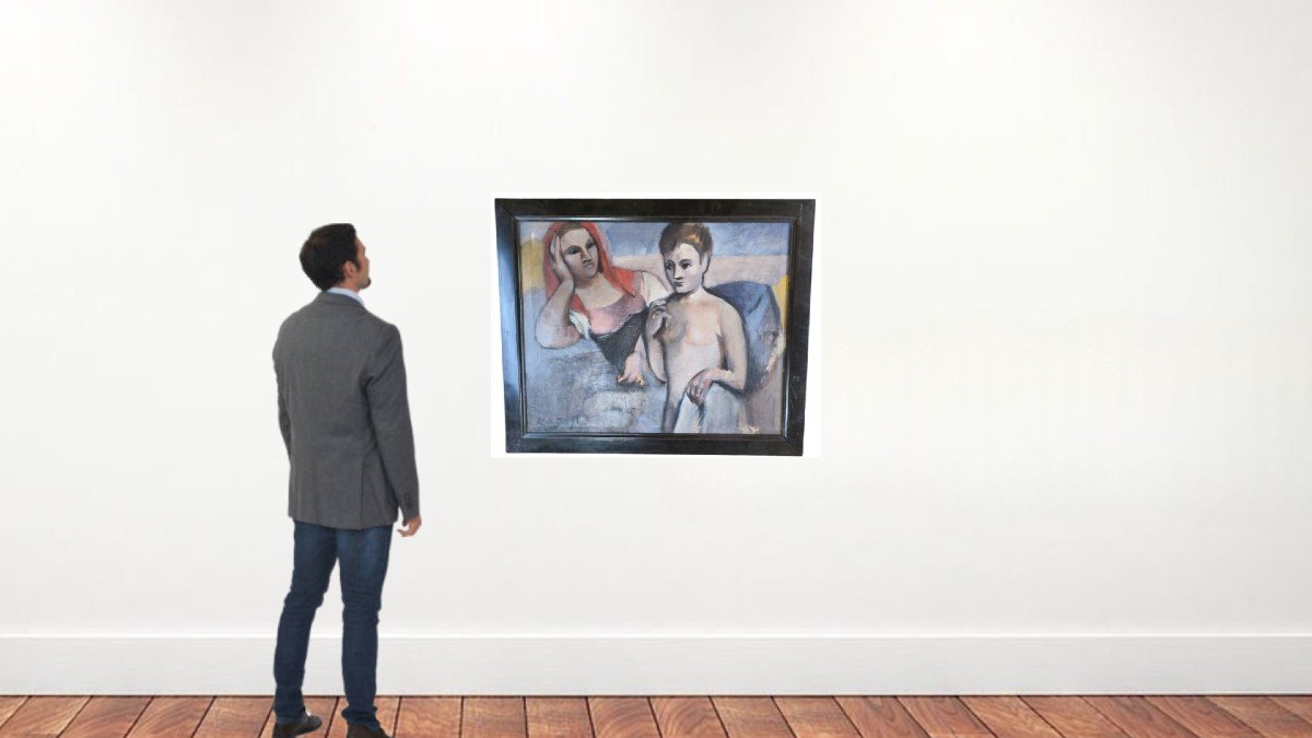 Huile Sur Toile "jeune Mère Et Son Enfant" 68,3 X 56 Cm-photo-2