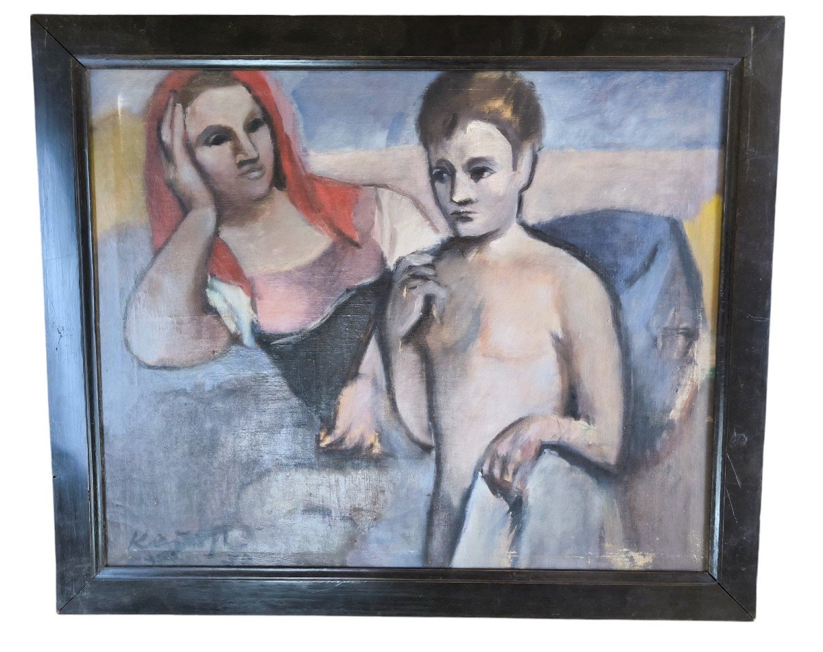 Huile Sur Toile "jeune Mère Et Son Enfant" 68,3 X 56 Cm