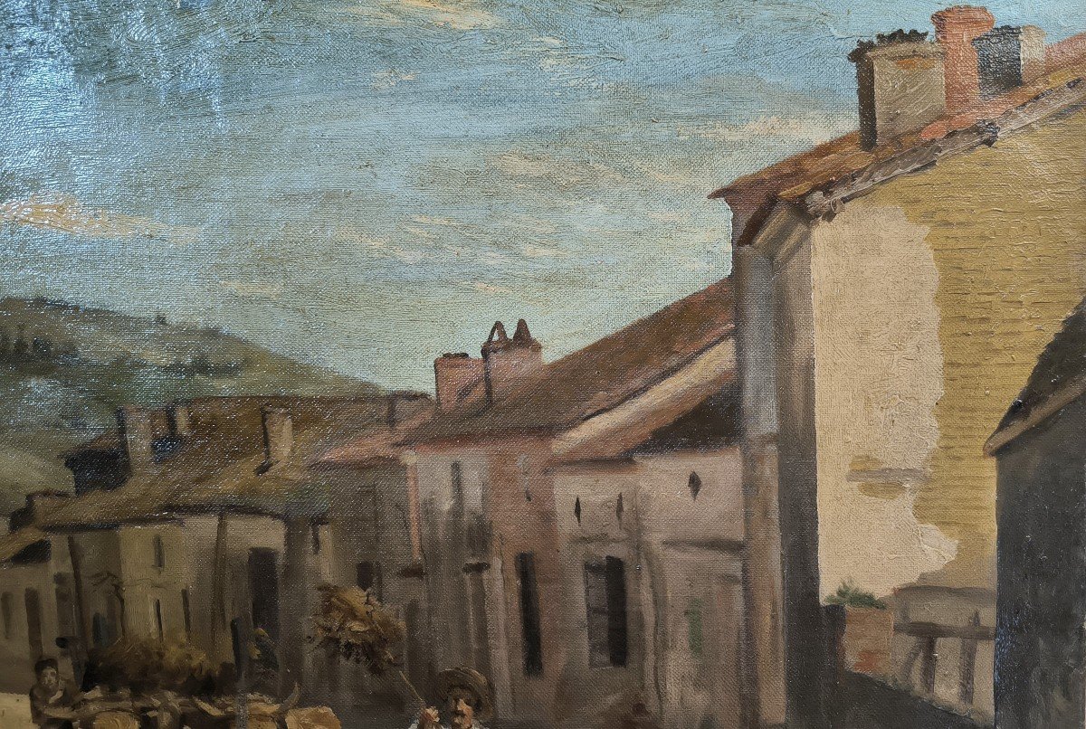 Huile Sur Toile "Paysan Ramassant Le Fumier à l'Entrée Du Village" 61 X 46 Cm-photo-2